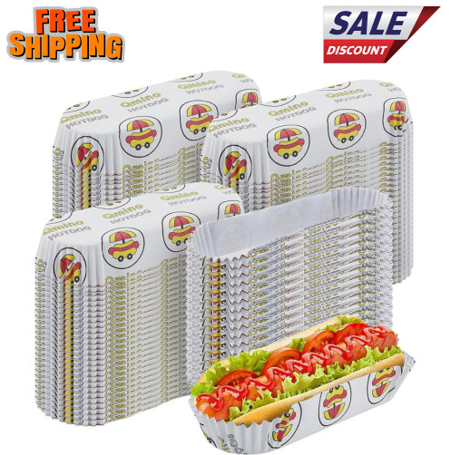 300Pcs Hot Dog Trays, 8'' Paper Food Trays Eco Friendly, Boats Rectangular Flute