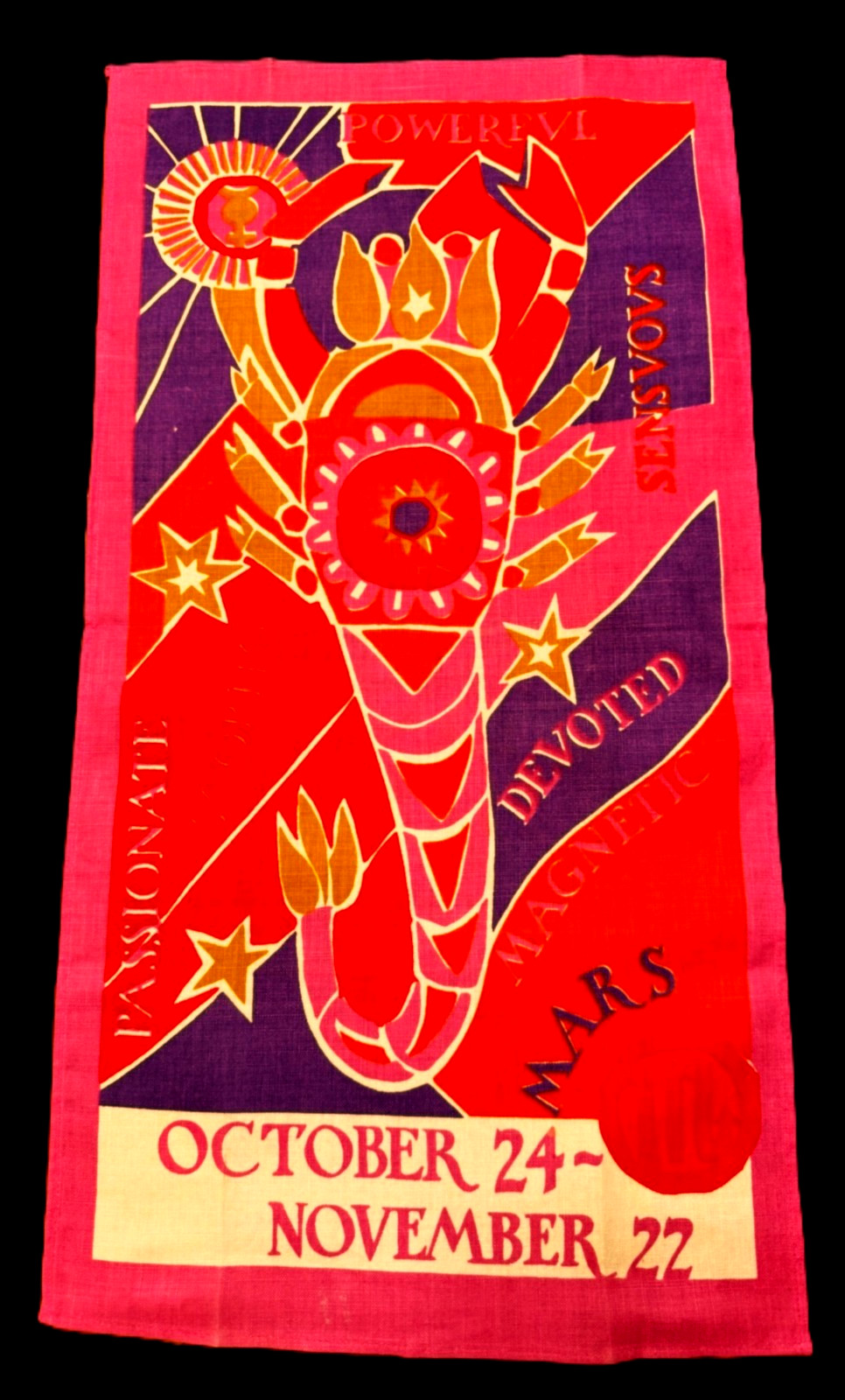 MWT 60s 70s Linen Tea Towel Wall Art SCORPIO Zodiac Astrology Horoscope