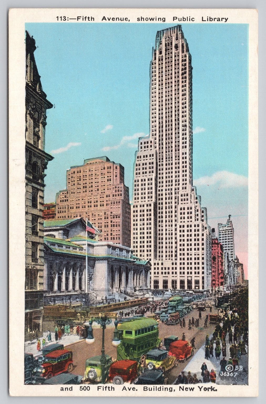 Vintage 5th Ave NYC Postcard - Public Library & 500 Fifth Ave Building