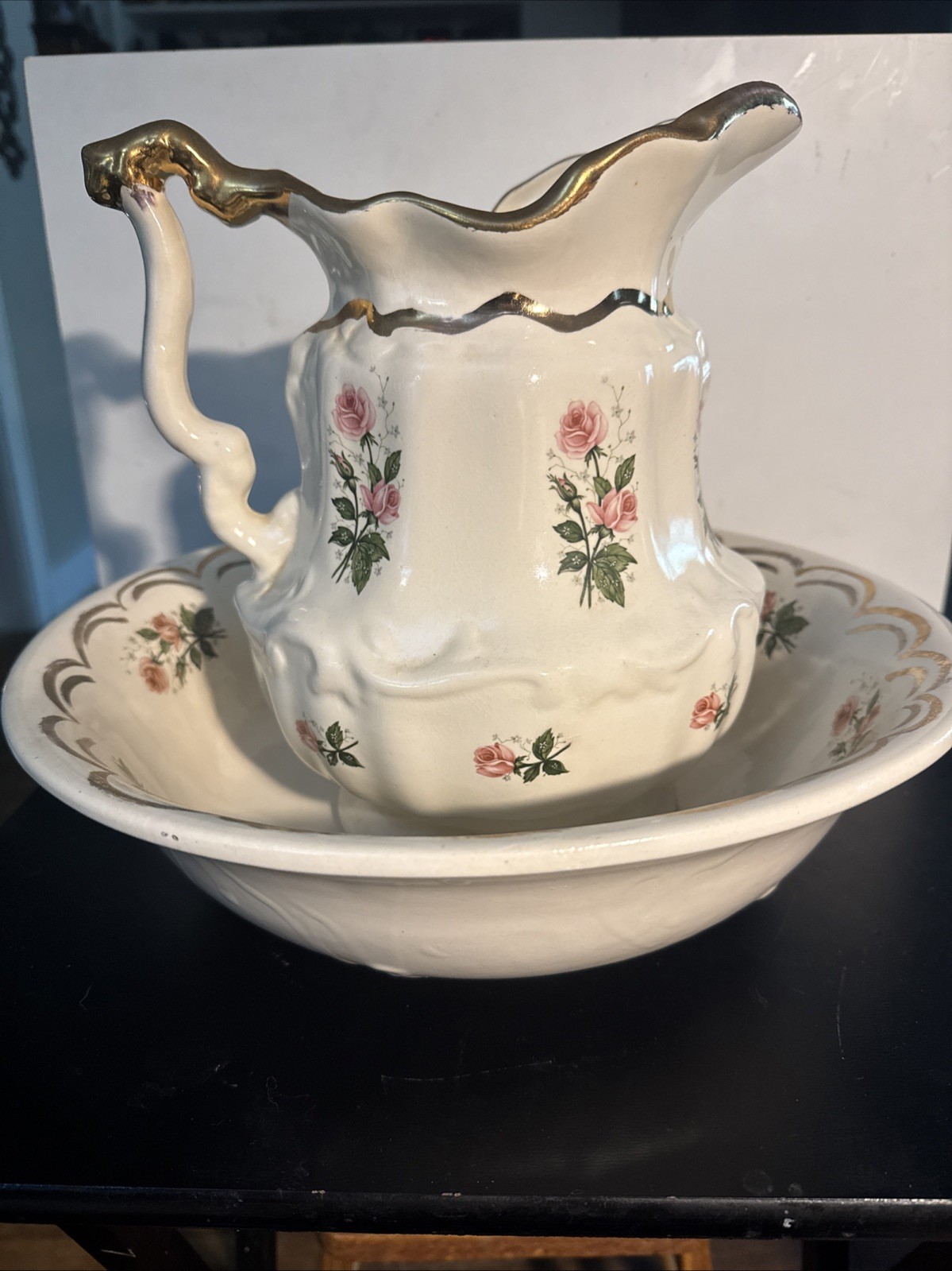 Antique Ornate Porcelain WASH PITCHER & BOWL  Pink Rose/Gold 10\