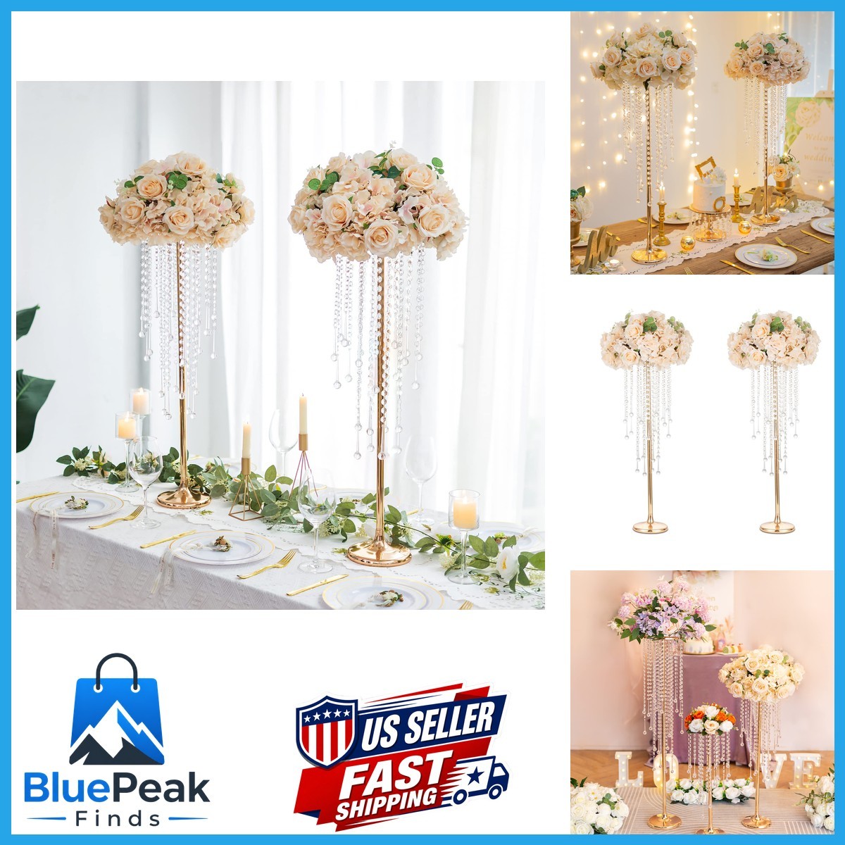 Sziqiqi Gold Tall Metal Vase Stand with Crystal Beads, Wedding Decor 2Pcs Sziqiqi Gold Tall Metal Vase Stand with Crystal Beads, Wedding Decor 2Pcs