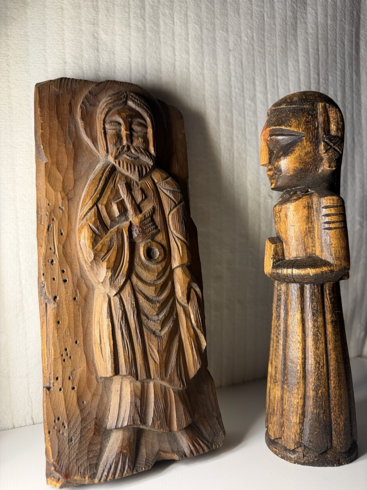 RARE VTG. JESUS & Monk Rustic Hand Carved Statues VTG. Unique Natural Patina
