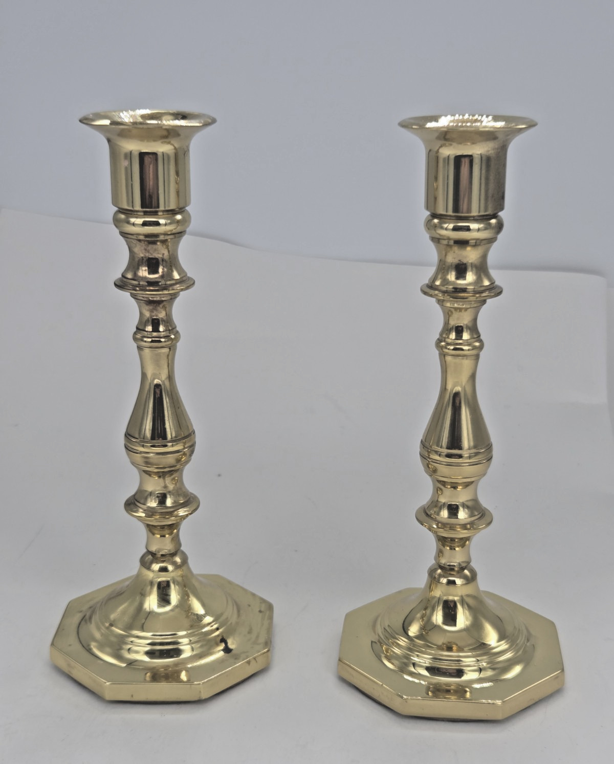 Baldwin Solid Polished Brass Vtg Classic Baluster Octagon Candle Holders 7\
