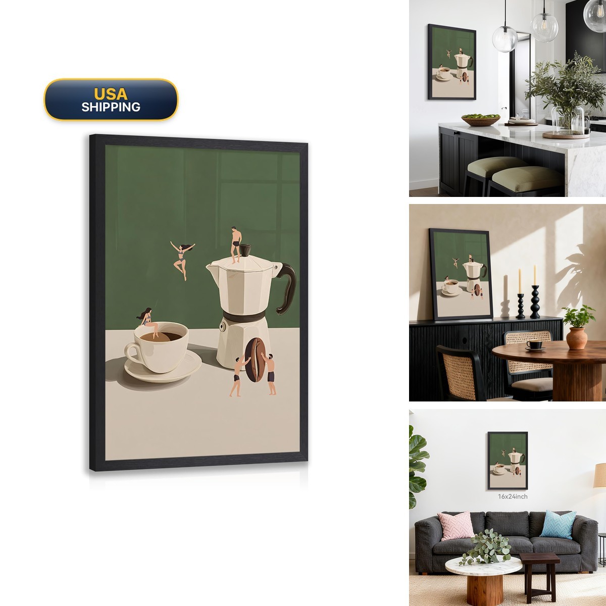 CAZLOUC Vintage Fun Coffee Wall Art, Funny Mini Swimmer Wall Decor, Green