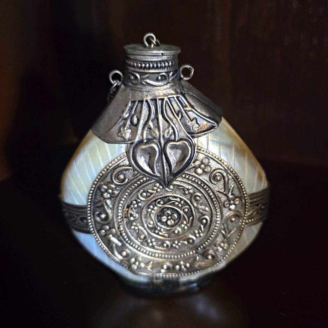 Vintage Mother of Pearl Perfume Bottle Ornate Silver Tone Filigree Vanity Flask