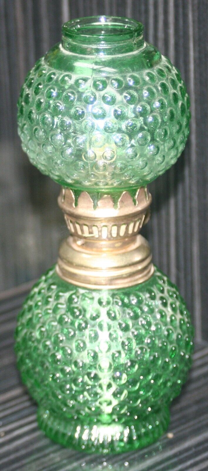 Vintage Depression glass Hobnail mini oil lamp w/ matching green hobnail chimney
