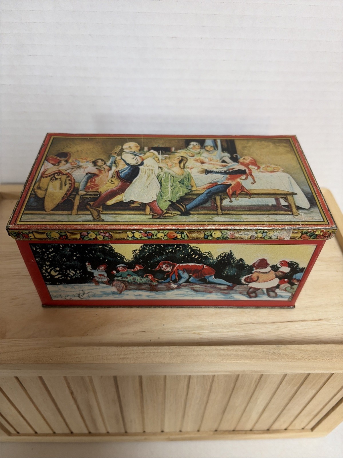Vintage Tindeco Christmas Feast Jester Royal Court Litho Cookie Fruit Tin Box Vintage Tindeco Christmas Feast Jester Royal Court Litho Cookie Fruit Tin Box