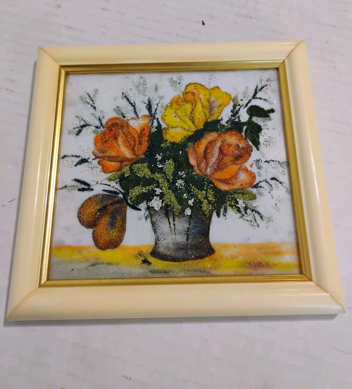 Vtg  MCM Gravel Mica Still-Life Flower Vase Wall Art 