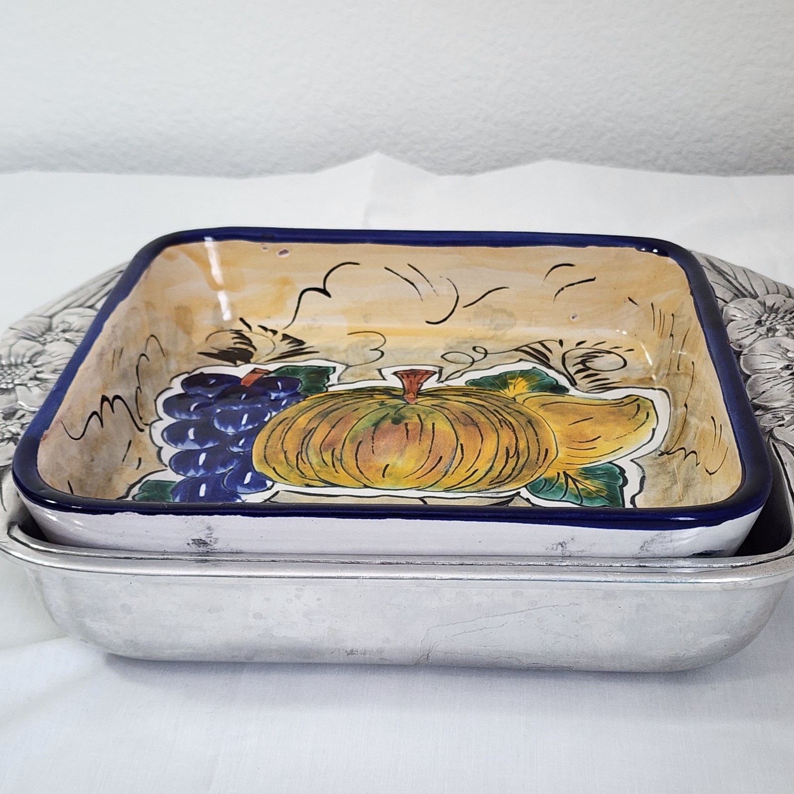 Handcrafted Mexican Talavera Casserole Dish With Cast Aluminum Dish Holder 9