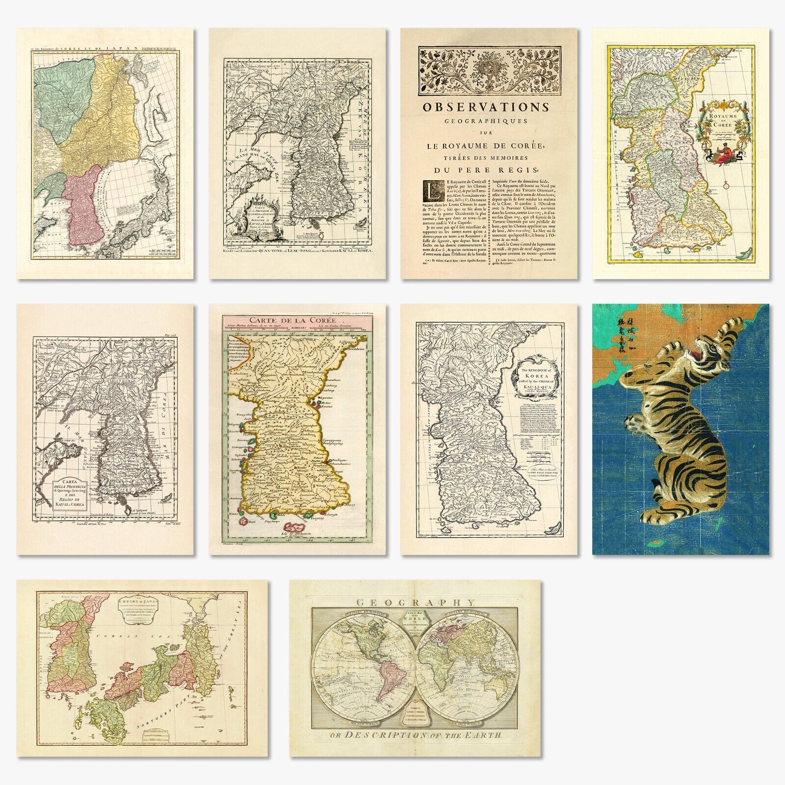Korea Antique Map Set: 10 Postcards - Corea Coree Tiger Map Collection