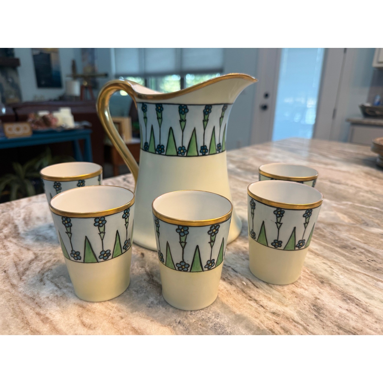 T&V Limoges France Hand Painted Pitcher & 5 Tumbler Set Art Deco 1919 T&V Limoges France Hand Painted Pitcher & 5 Tumbler Set Art Deco 1919
