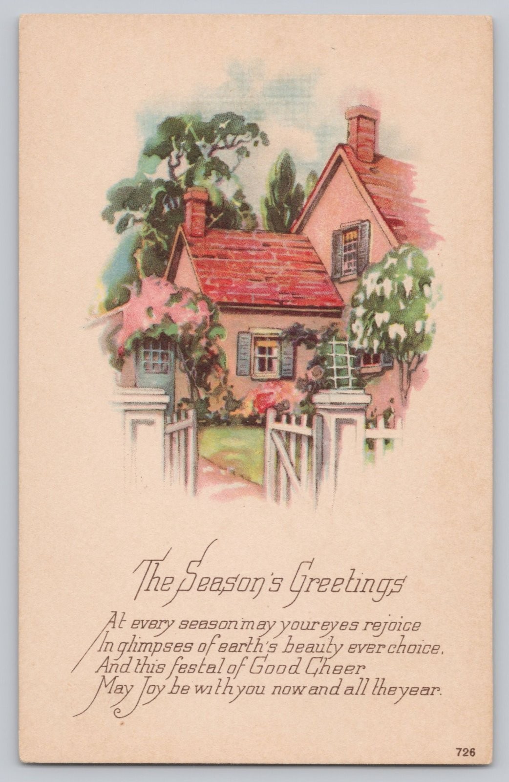 The Season\'s Greetings Cottage Illustrated Postcard 1920s