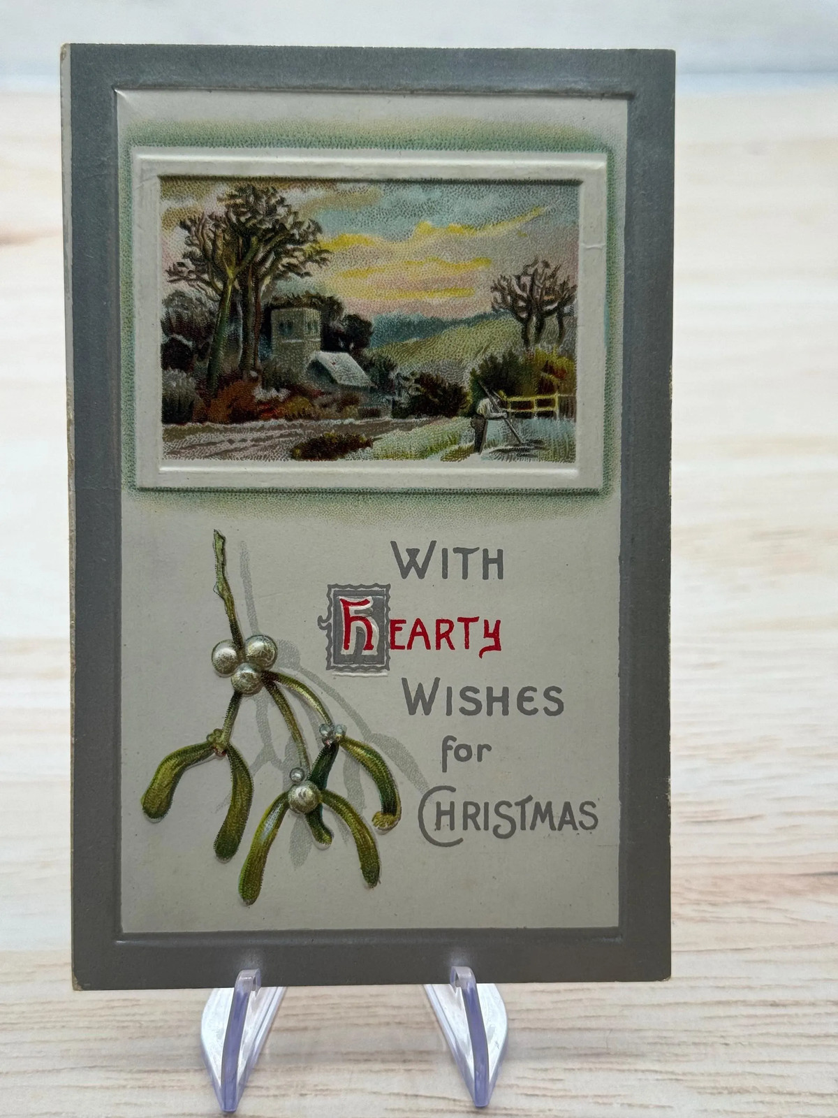 Antique Embossed Christmas Postcard- Divided Back Era - Farm and Trees in Snow