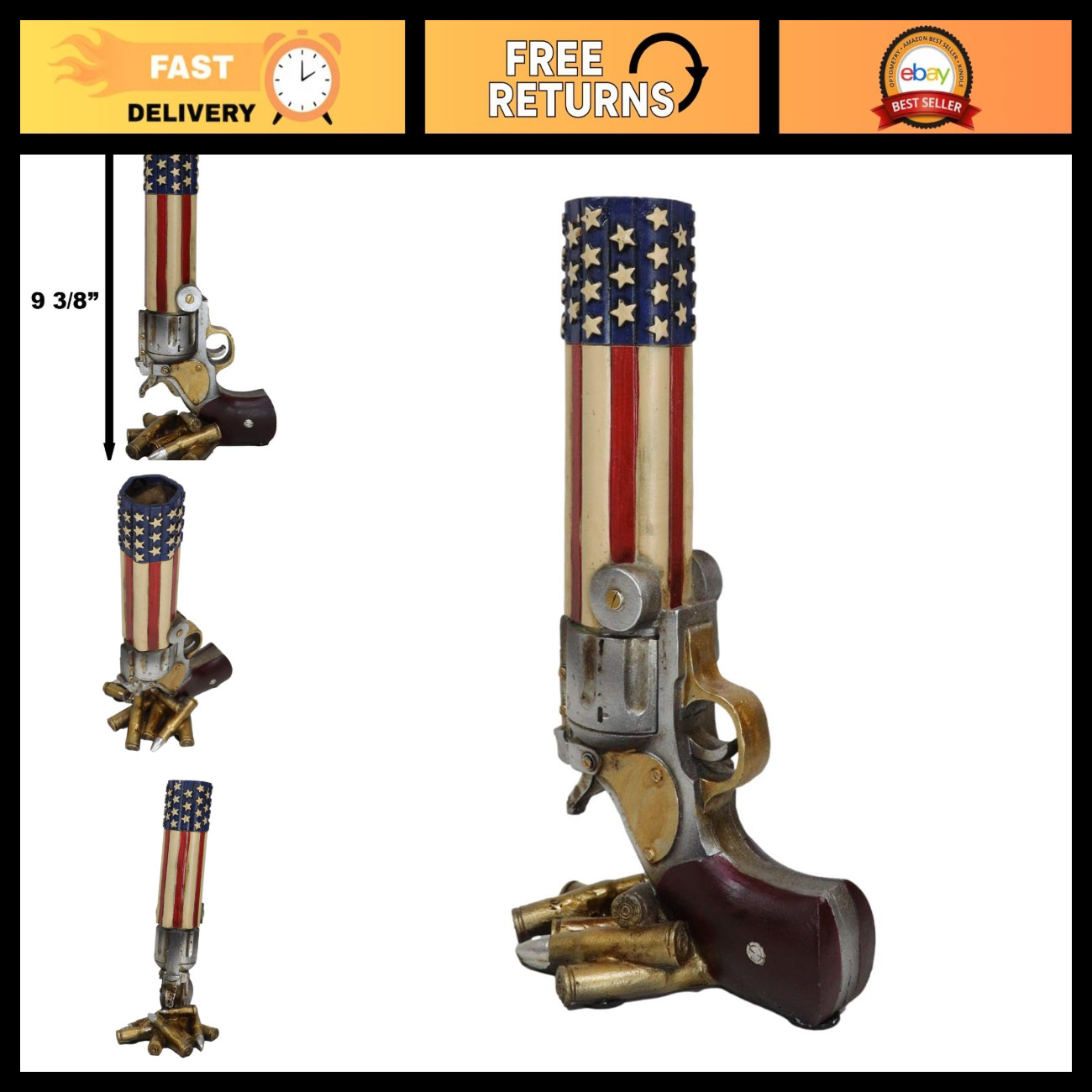 Rustic Western American Flag Cowboy Revolver Gun Floral Vase Holder Figurine