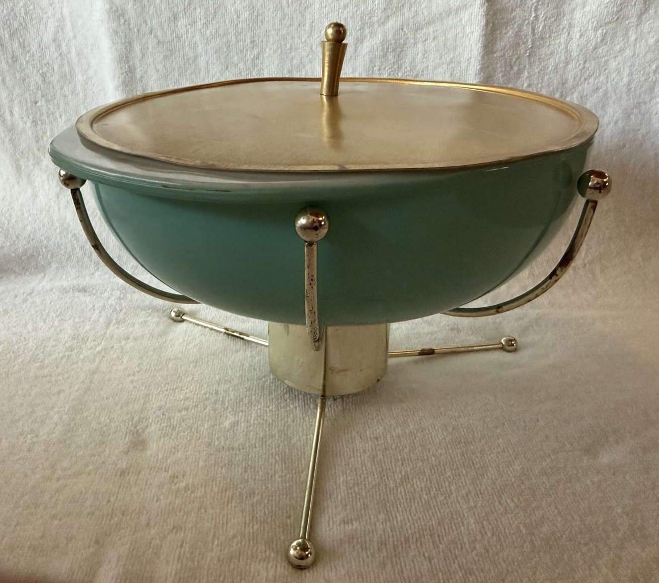 COMPLETE #924CM Pyrex UFO Atomic Casserole & Warmer Sputnik 2 Qt 1956