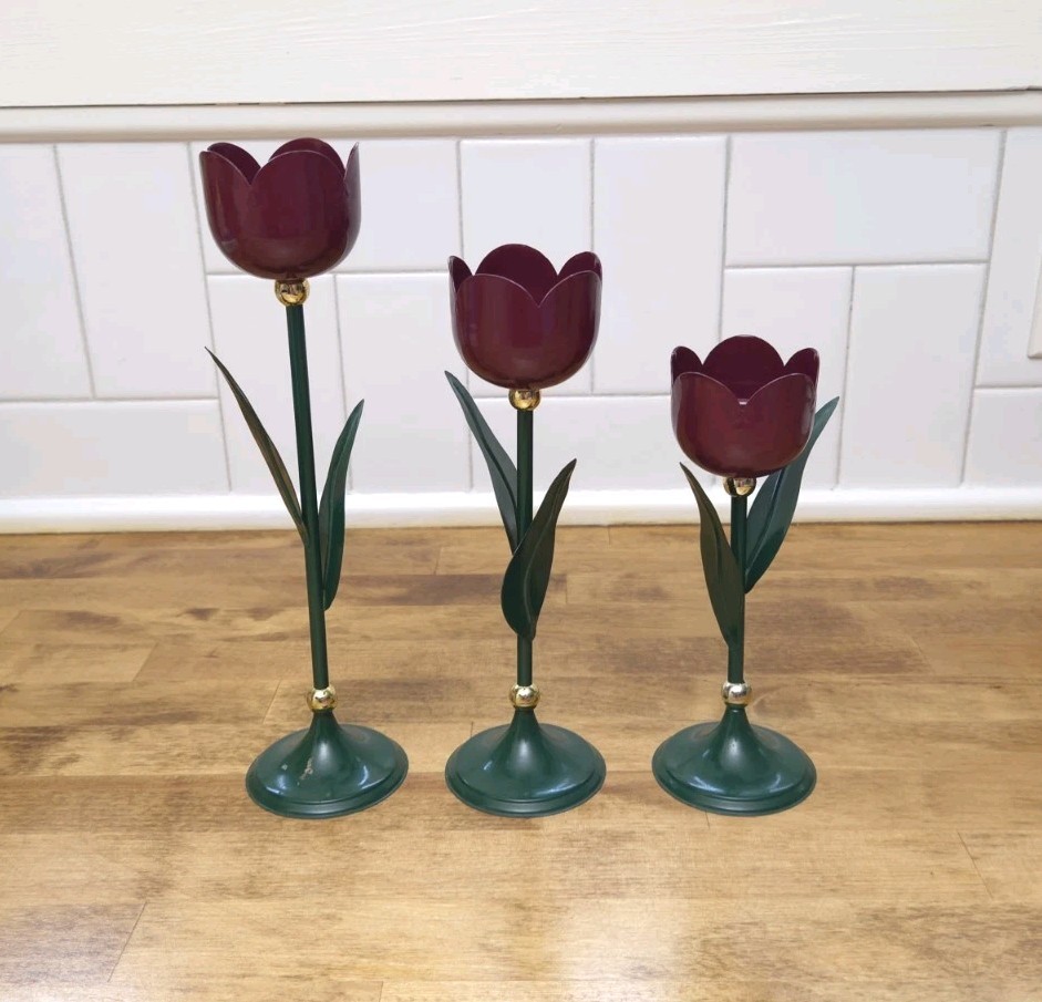 VTG 1980s Metal Tulip Candle Holders Set of 3 Burgundy/Green 