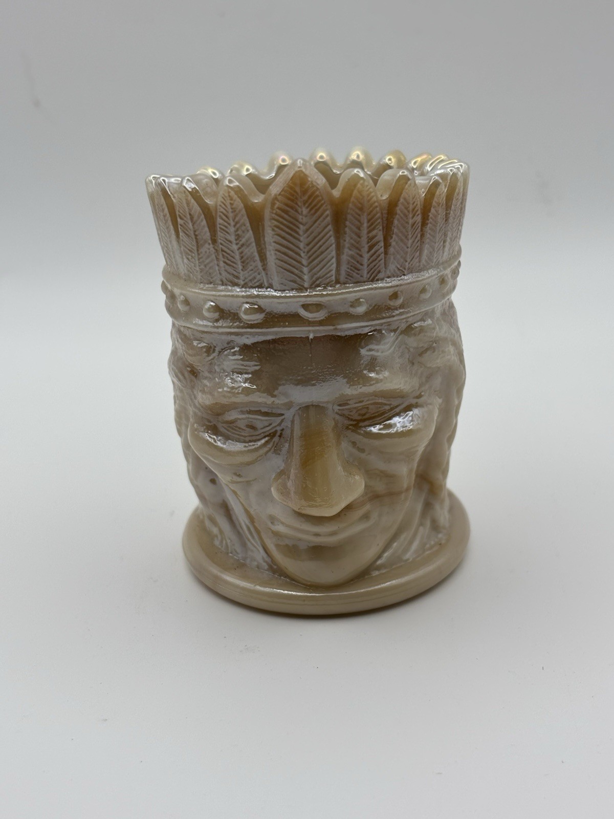 Vintage Joe St. Claire Carmel Slag Iridescent Glass Indian Head Toothpick Holder