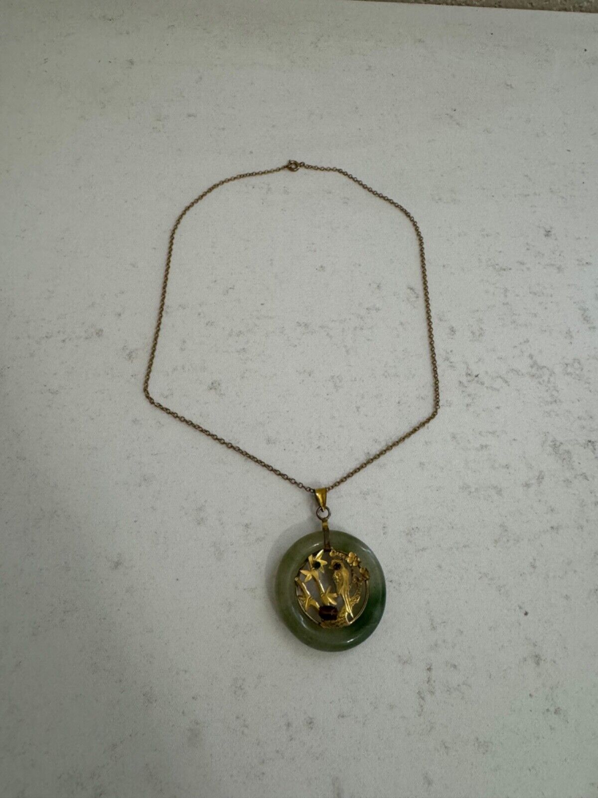 Vintage Chinese Jade or Hardstone & Gold Tone Metal Pendant Necklace Bird Design