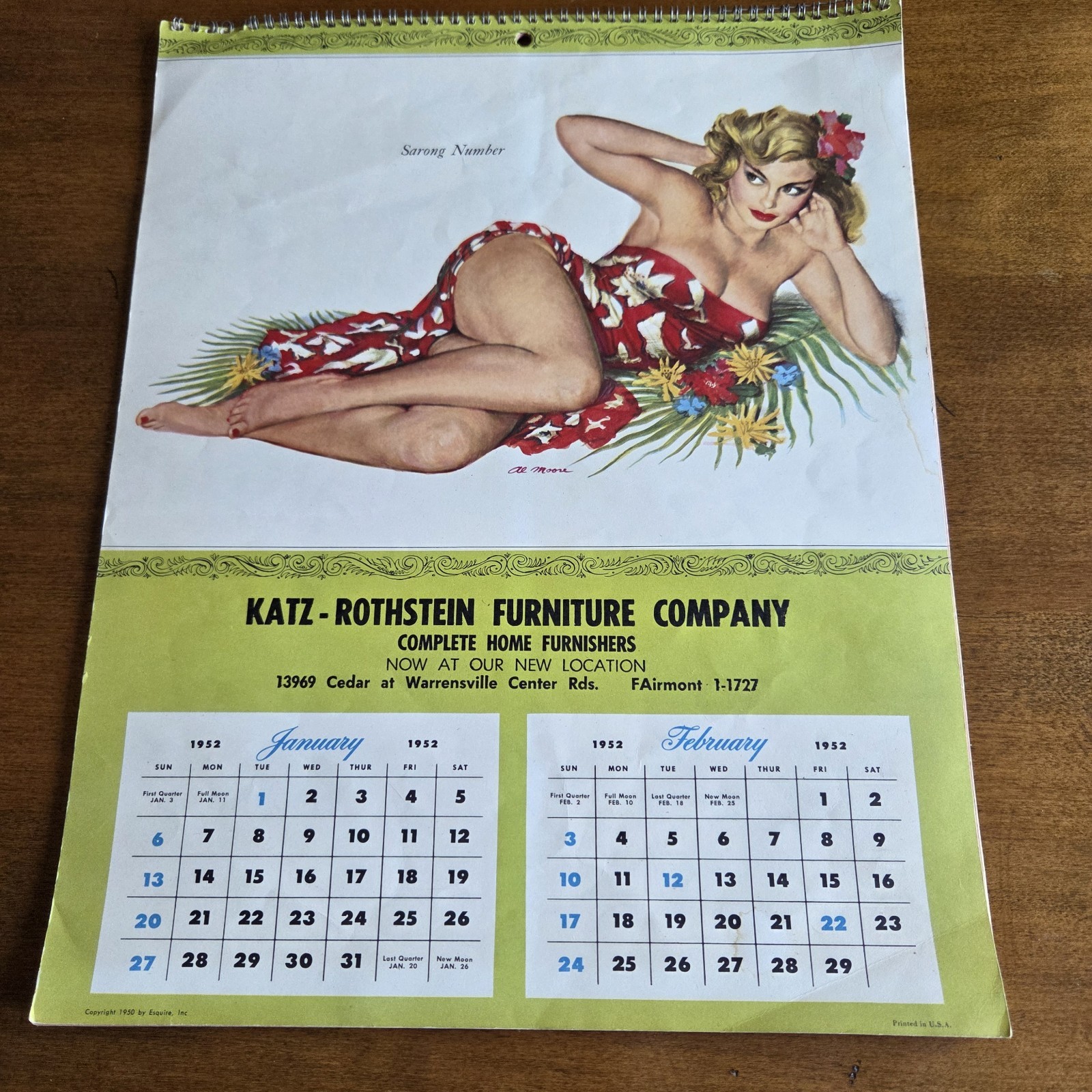 1952 Esquire Large Pinup Girl Calendar Katz-Rothstein Furniture Spiral 16\