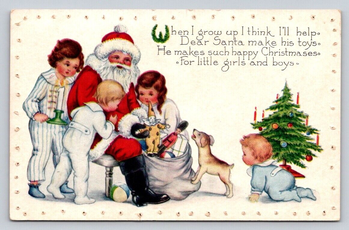 c1915 Children Around Santa Claus Look At Toys Tree Ornament Christmas P163