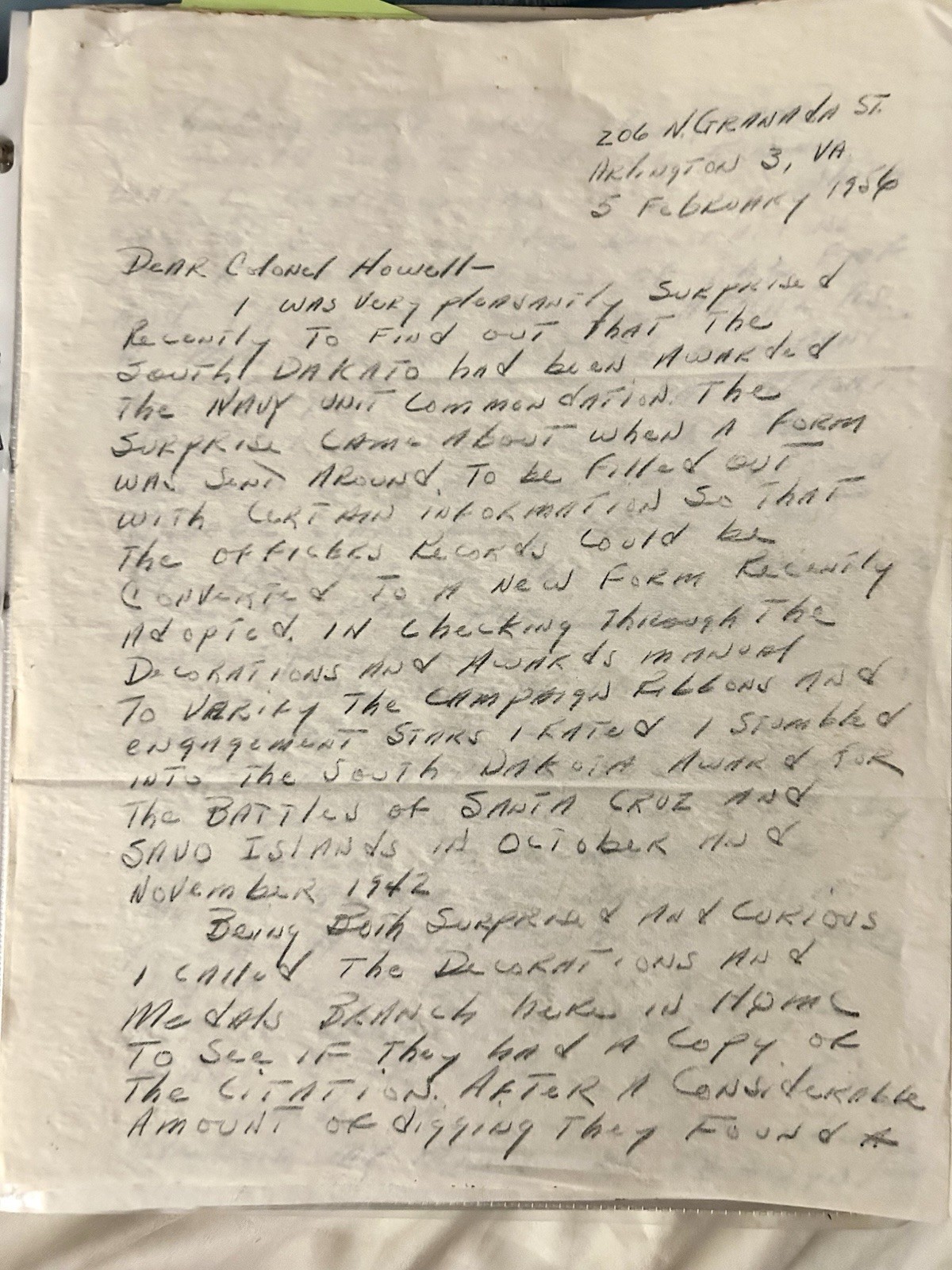 1946 WWII USS South Dakota 5 Page Handwritten Navy Commendation Letter Original