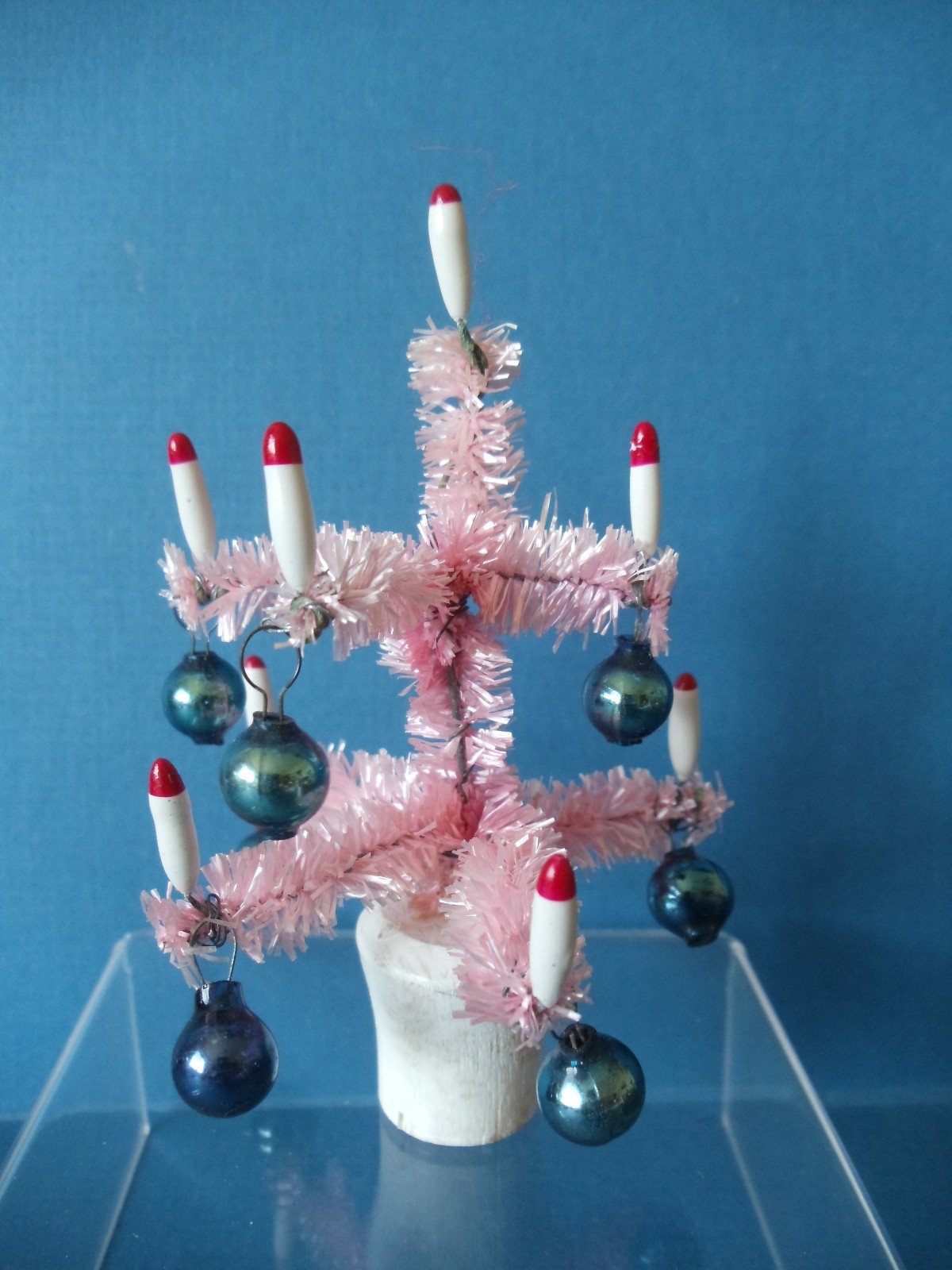 VTG Doll House Bottle Brush PINK CHRISTMAS TREE Mini Ornaments Candles 3.75\