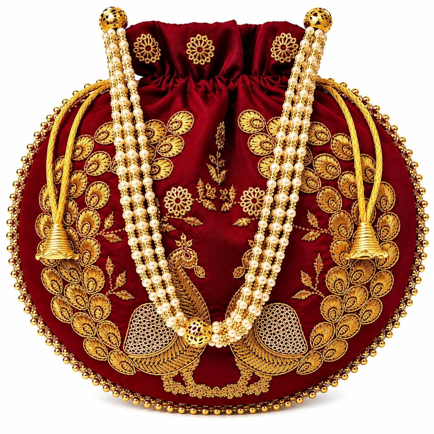 Indian Ethnic Designer Embroidered Silk Potli Bag Batwa Pearls Handle Purse C...