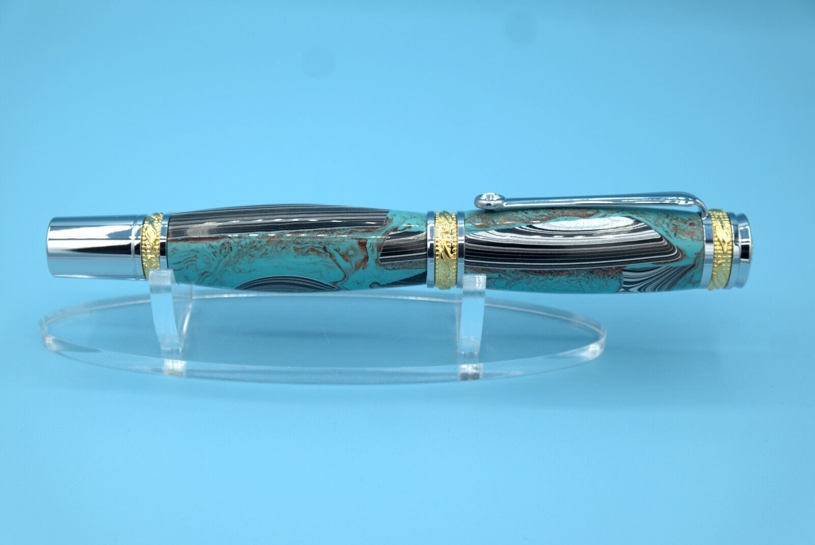 Turquoise &  Fordite Majestic Rollerball Pen in Chrome & 22kt Gold-Plated Finish