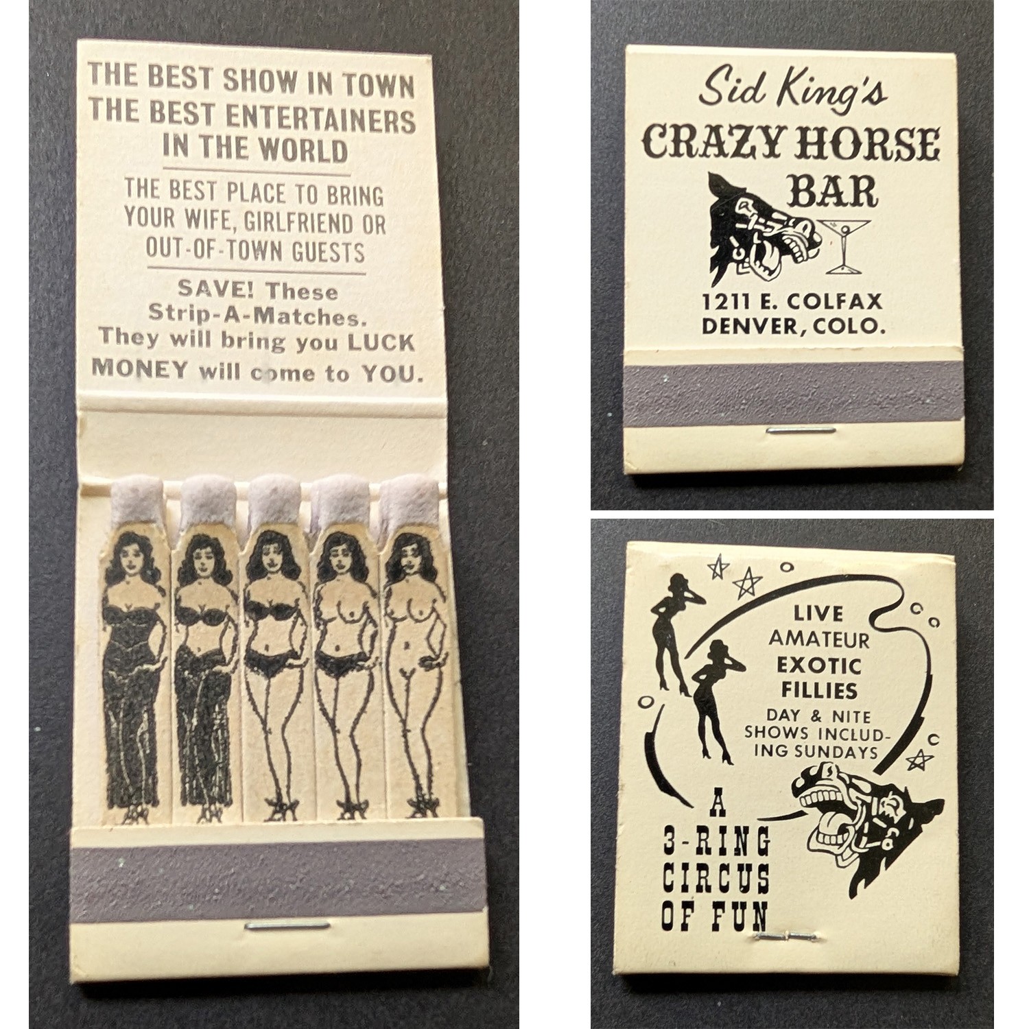 Girlie Feature Matchbook Sid King\'s Crazy Horse Bar Denver CO