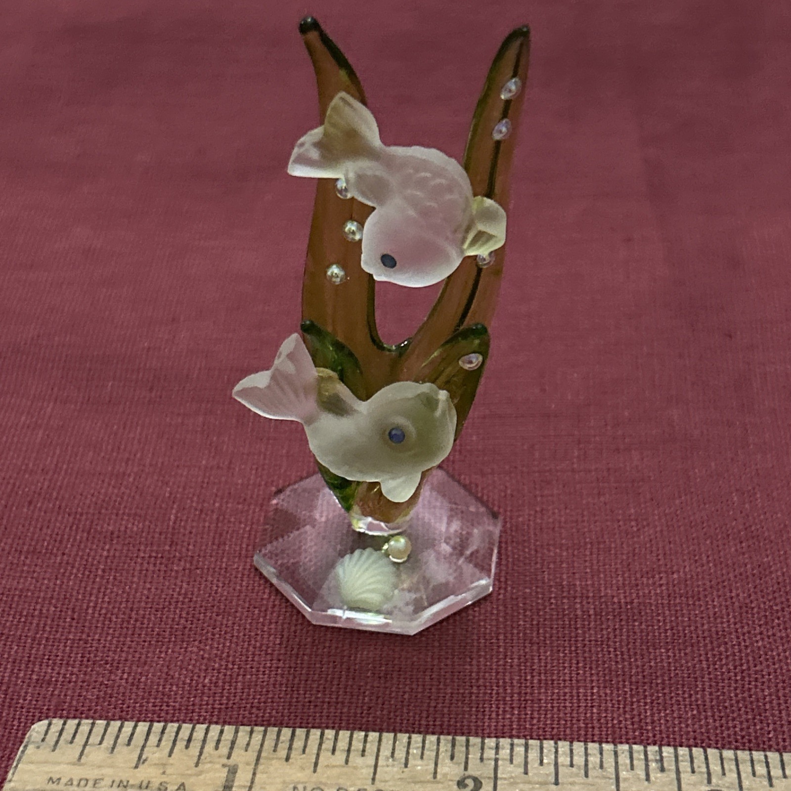Vintage REEF FISH FIGURINE ~ FROSTED GLASS, Green reef, jeweled blue eyes