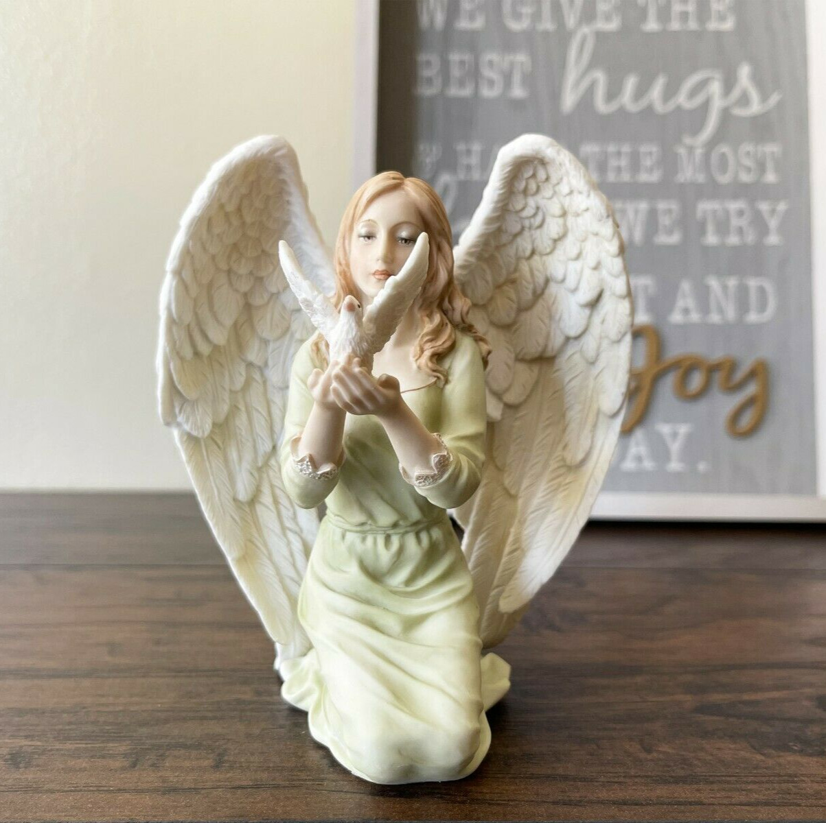 Decorative Hand Painted Angel With Dove Figurine Statue Religion Gift Sculpture