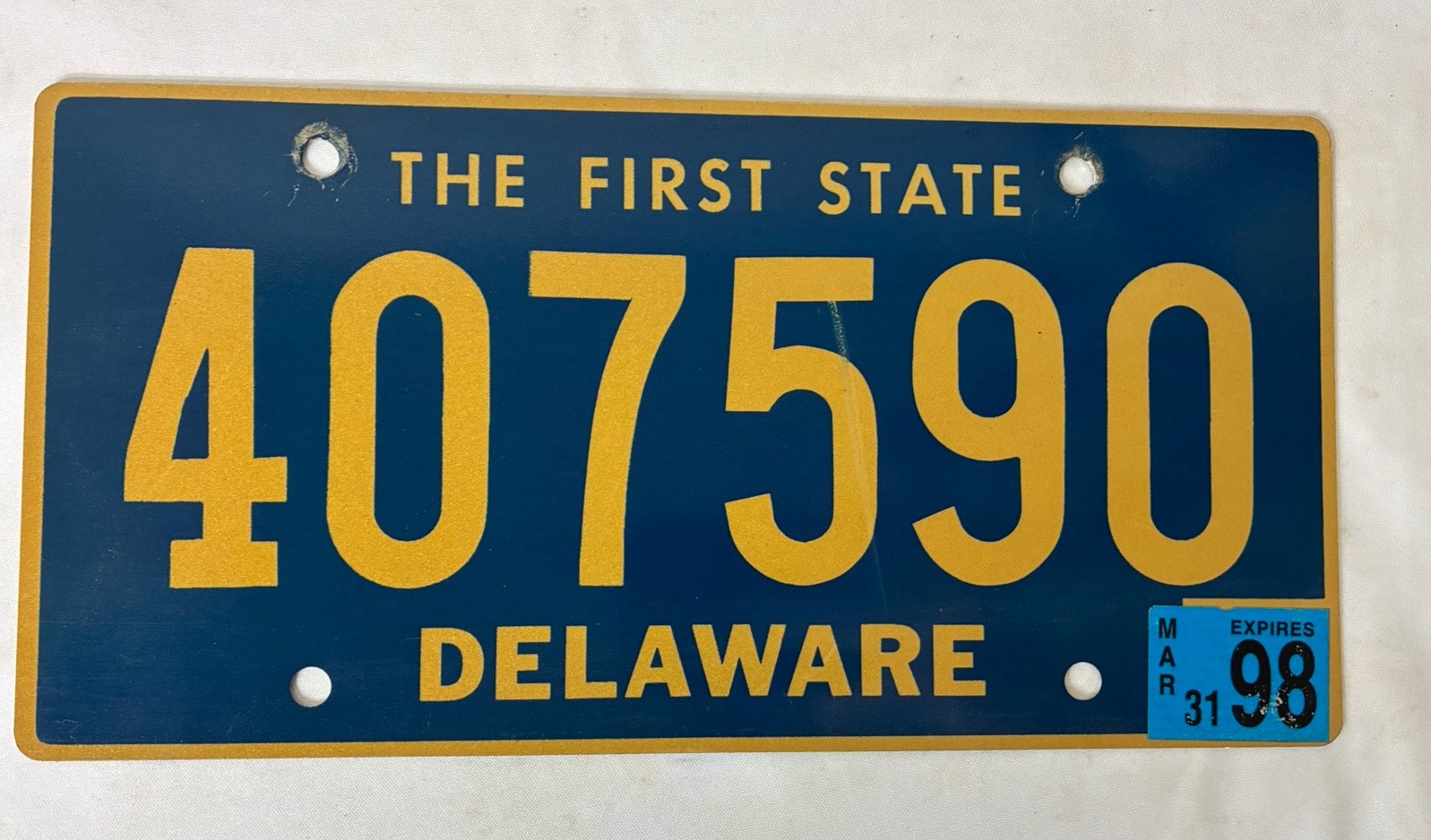 Vtg Delaware License Plate - ‘98 Tag, The First State - #407590 - Good Condition