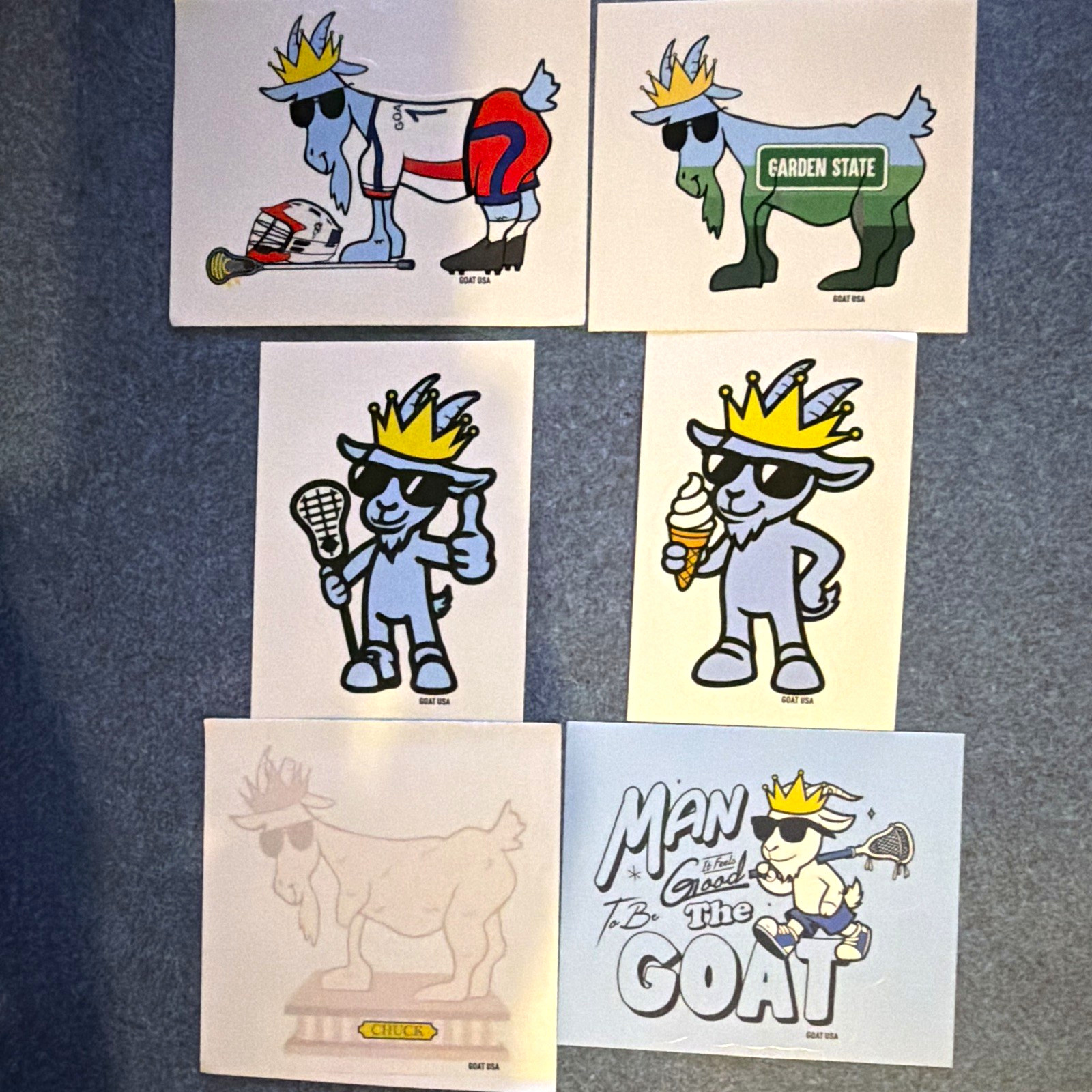 GOAT USA (6) Sticker Lot: NJ, LAX uniform, Chuck, Ice Cream, Good to be a GOAT, GOAT USA (6) Sticker Lot: NJ, LAX uniform, Chuck, Ice Cream, Good to be a GOAT,