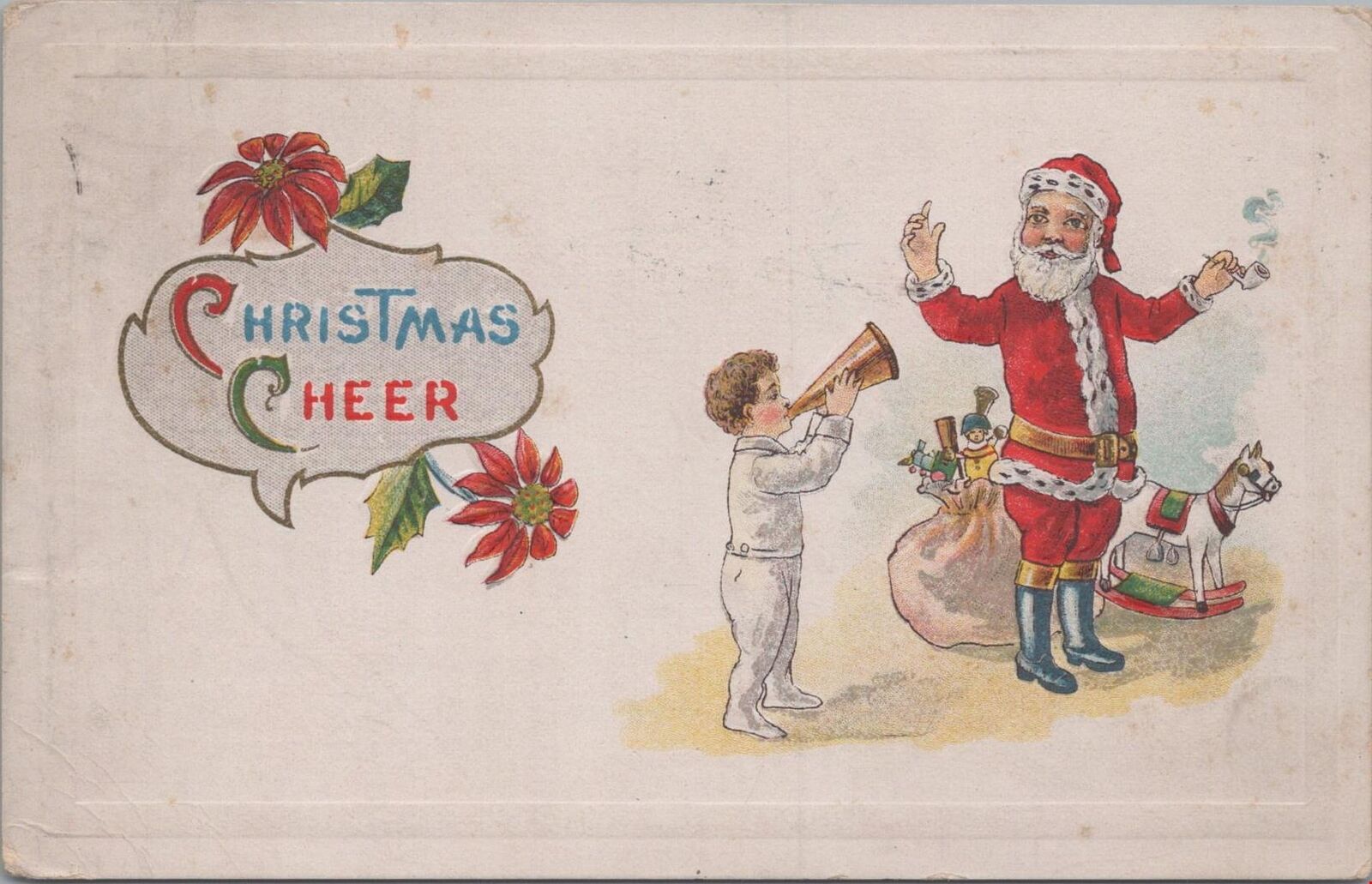 Postcard Christmas Cheer Santa Claus + Little Boy With Megaphone 1914