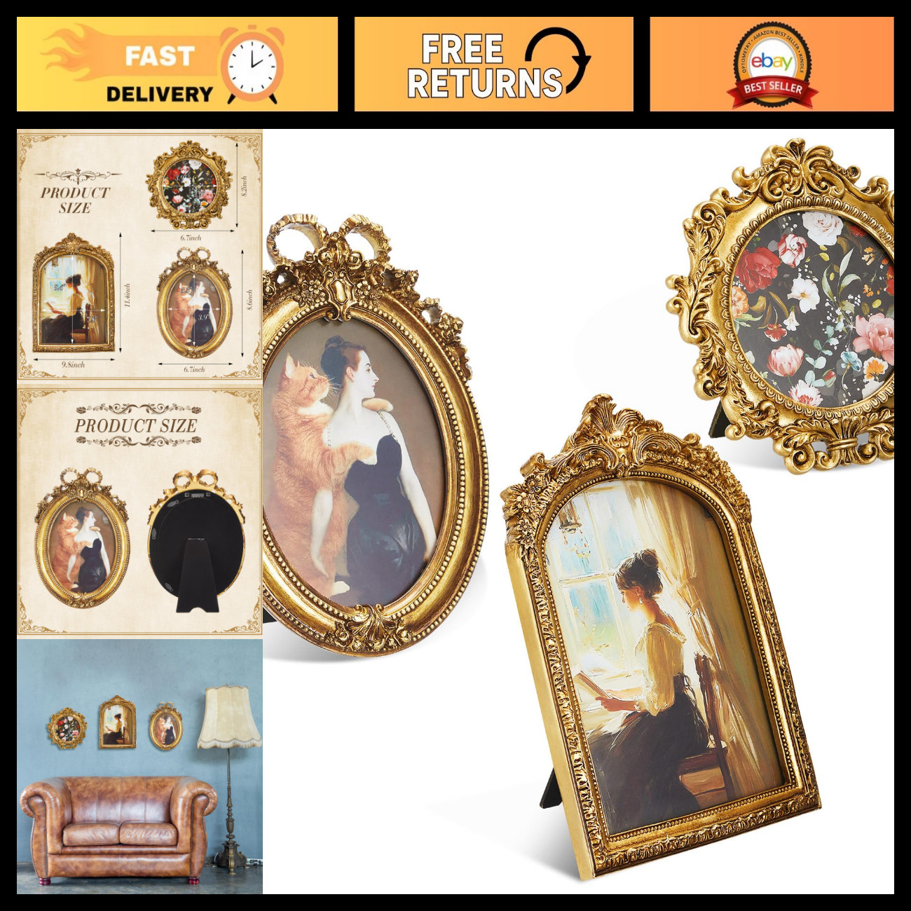 3 Pcs Vintage Gold Picture Frames Set for Tabletop Display - Elegant Home Decor