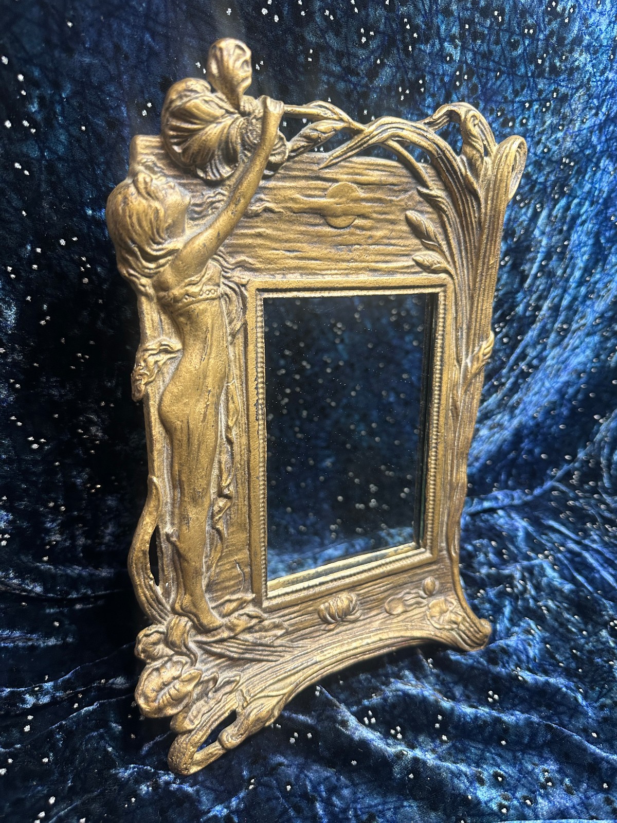 Vintage Solid Brass Art Nouveau Repousse Fairy Lady Woman Floral Picture Frame