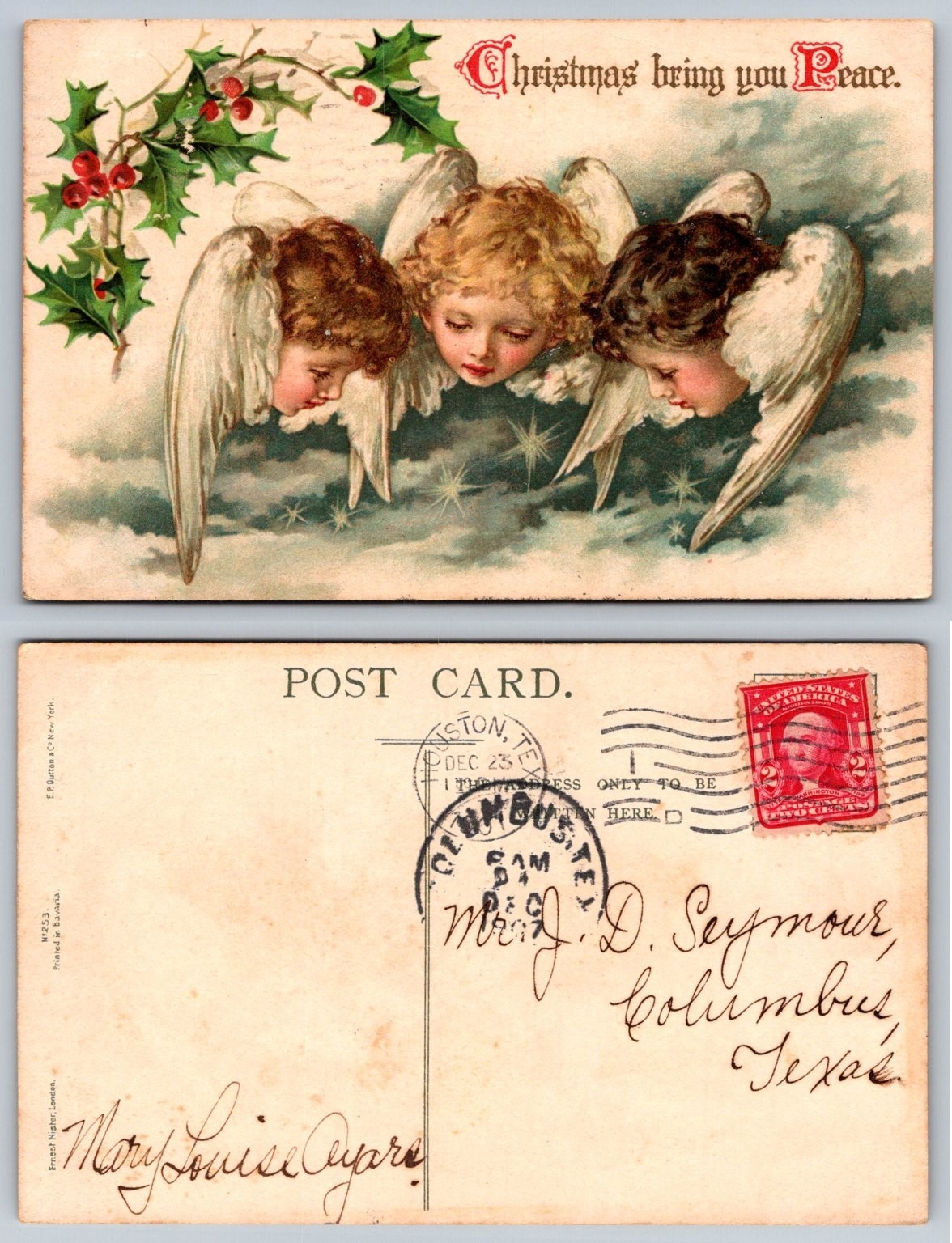 1907 Christmas Angels Holly Postcard Ernest Nister Columbus TX Posted Antique