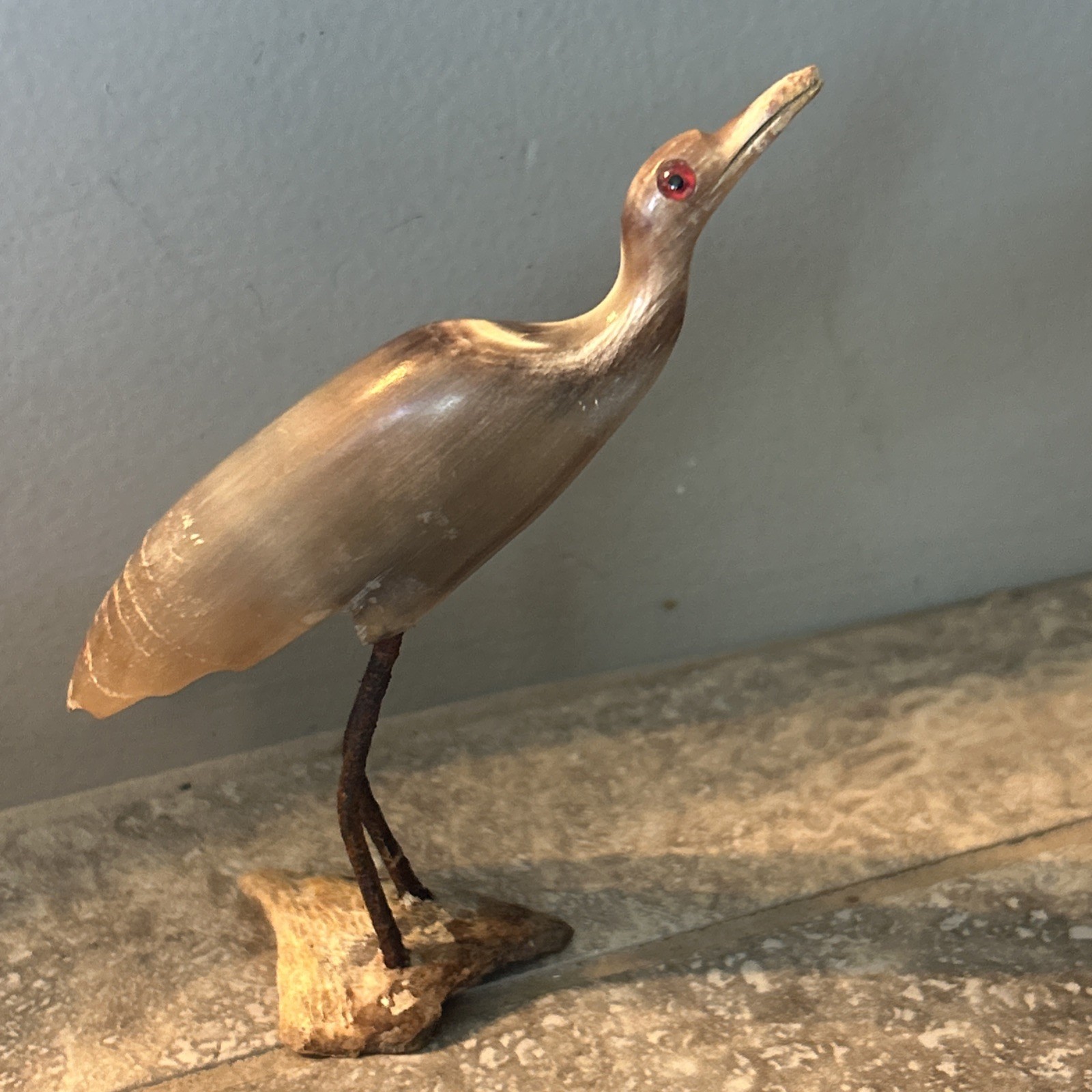 Vintage Bovine Bull Horn Heron Crane Bird Figurine Hand Carved