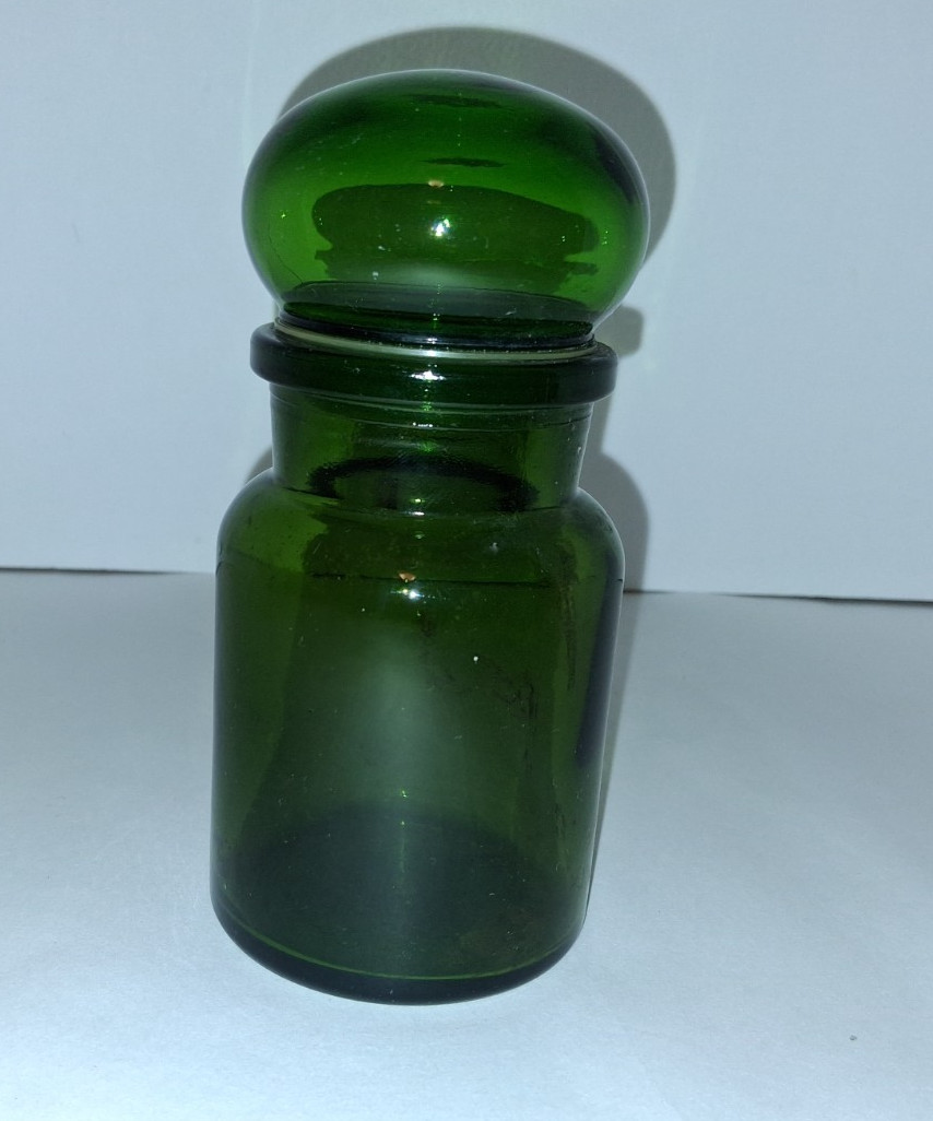 VTG MCM Apothecary Green Apothecary Jar Belgium Bubble Lid 5.5” Tall