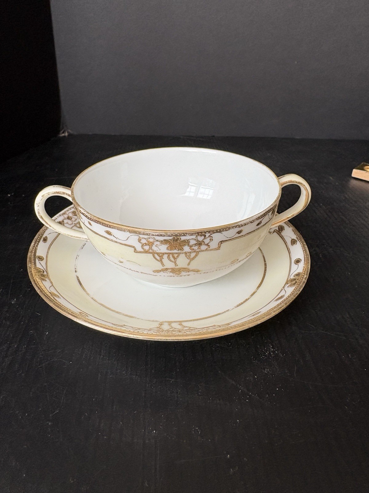Antique Nippon Morimura Cream Soup Cups & Saucers Set of 4 Gold Floral 8 Pc