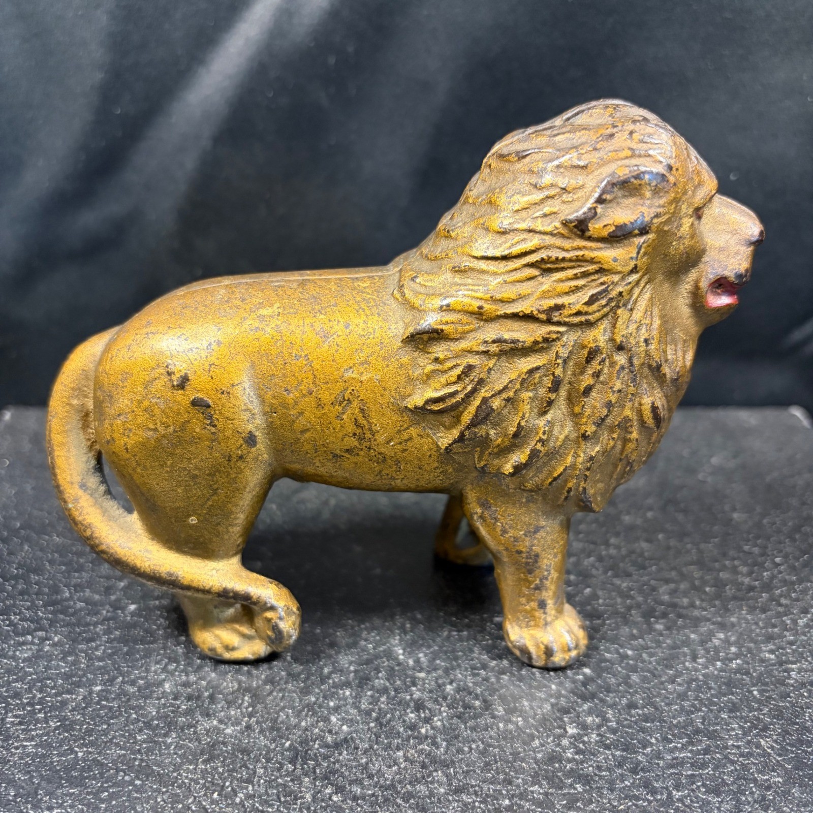 Antique Cast Iron Lion Still Bank Vintage Gold Painted Metal Coin Bank 5.5 Inch Antique Cast Iron Lion Still Bank Vintage Gold Painted Metal Coin Bank 5.5 Inch