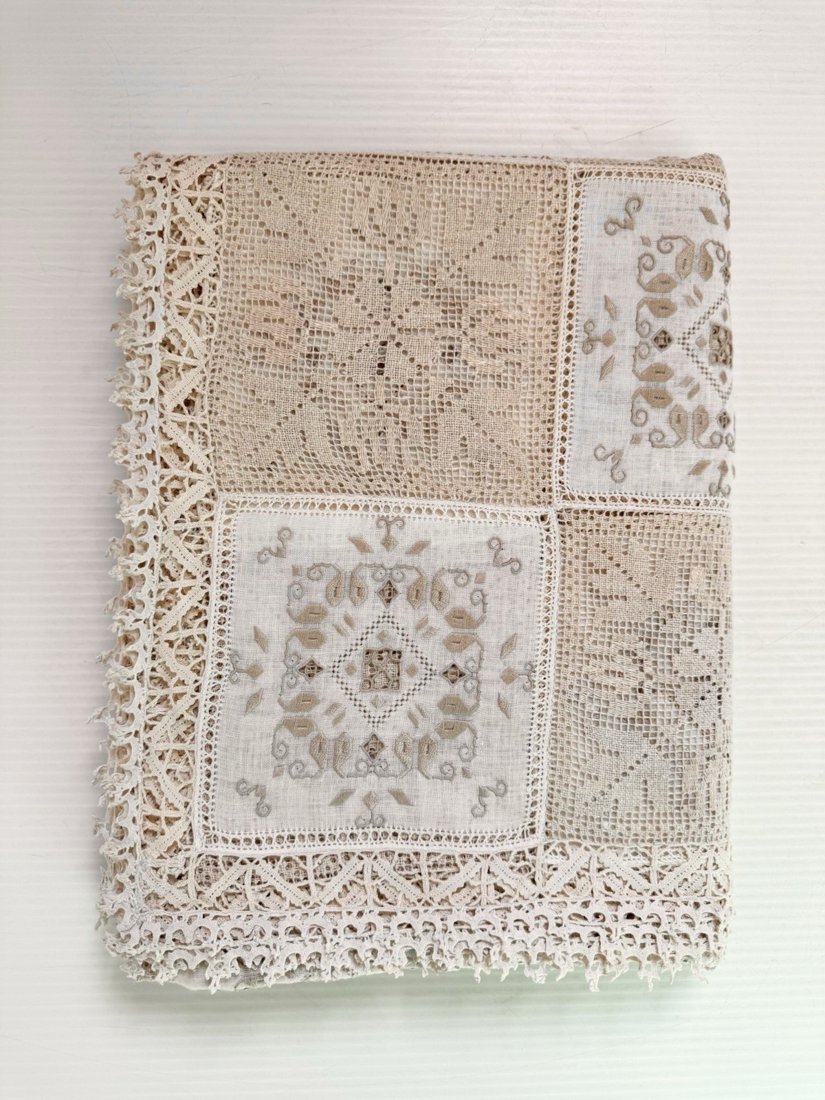 Lovely Antique Patchwork Linen & Lace Crochet Tablecloth 60x92 Handmade Heirloom