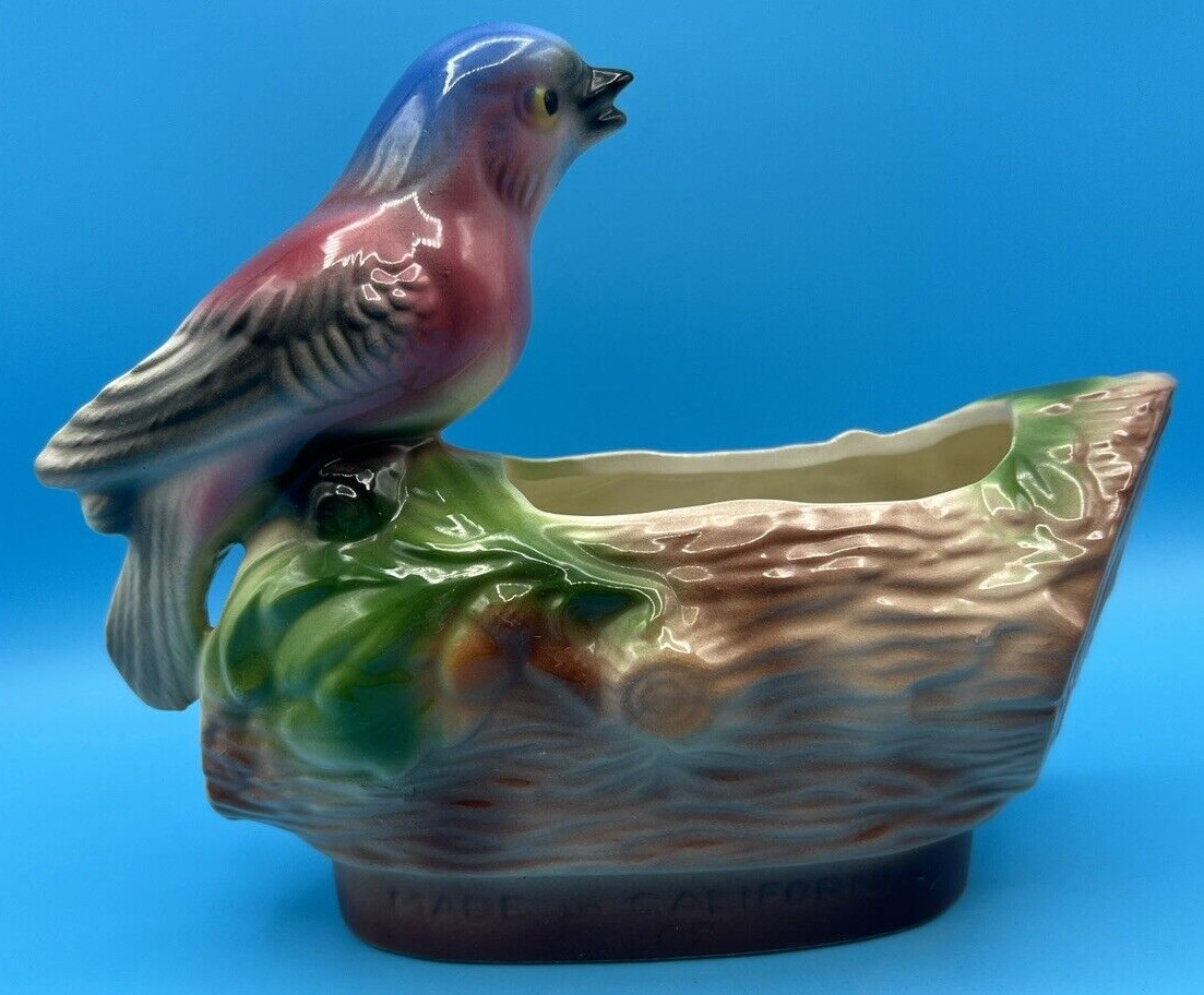 VTG Planter Bird On Log Blue & Pink Bird Unmarked