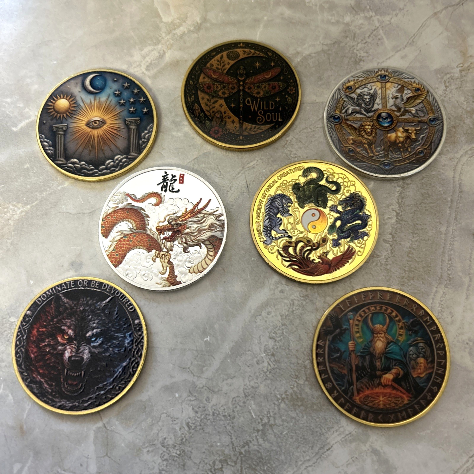 Bundle of Unique Token Challenge Coins 40mm with Capsules 7 total