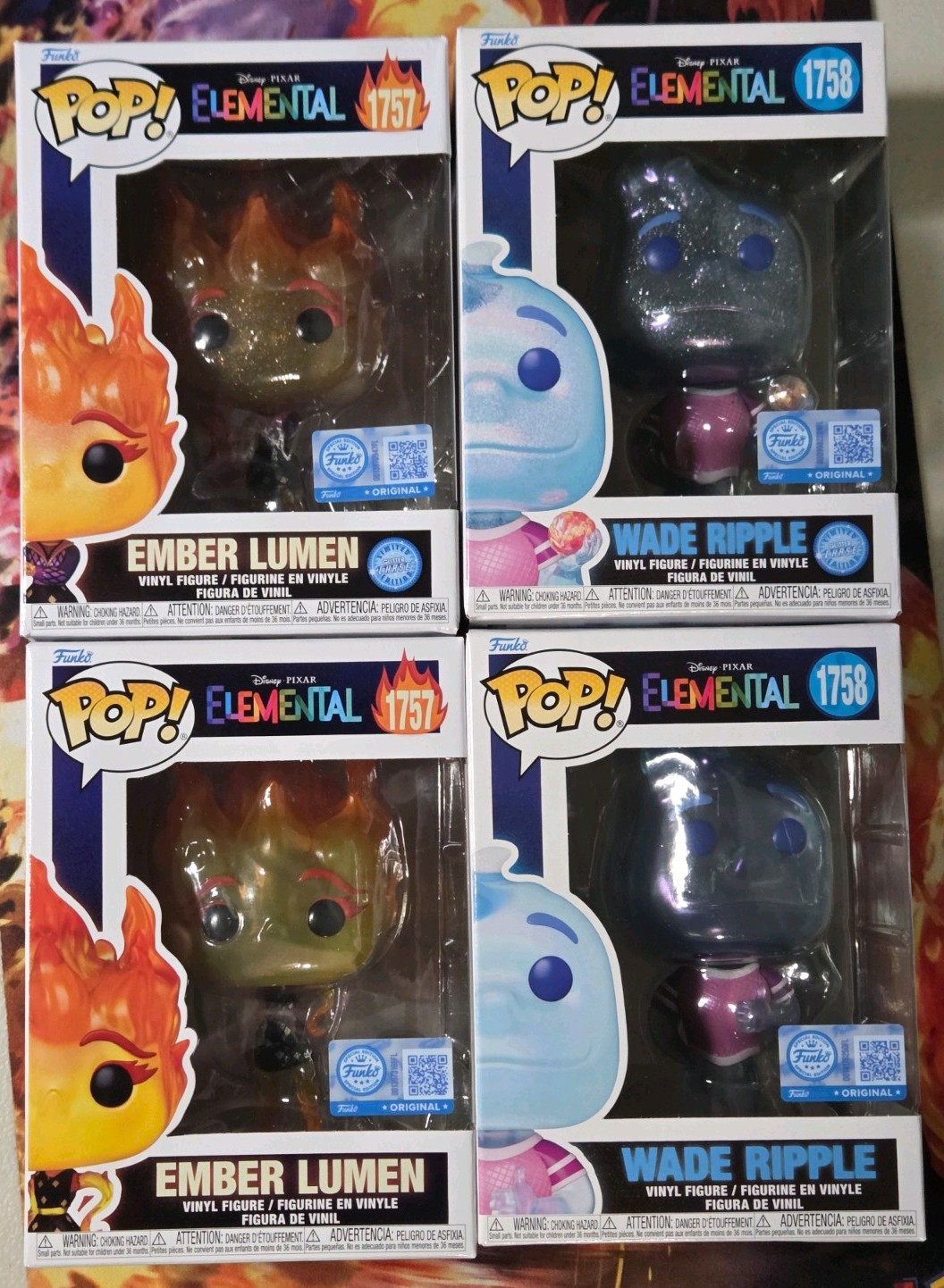 4 Funko Pop Elemental Ember Lumen #1757 & Wade Ripple #1758 Chases And Common