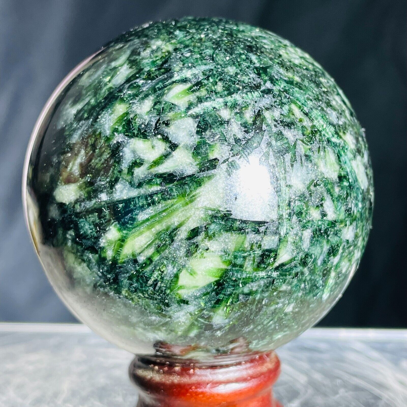 304g Natural Dark Green Tourmaline Gemstone Quartz Crystal Sphere Healing
