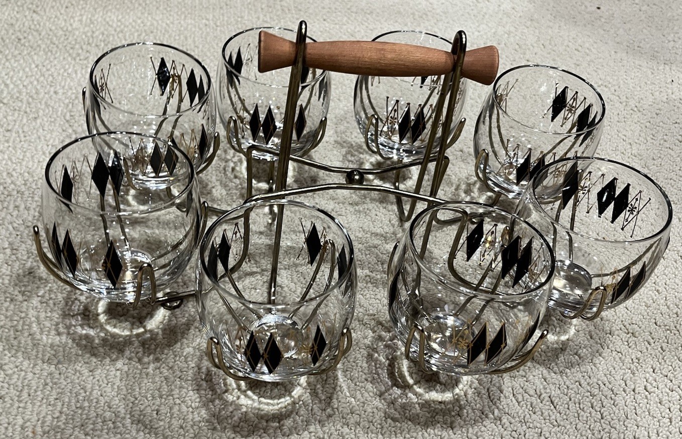 MCM Federal Glass Harlequin Roly Poly Glasses Caddy Set Atomic Barware 9 Pc