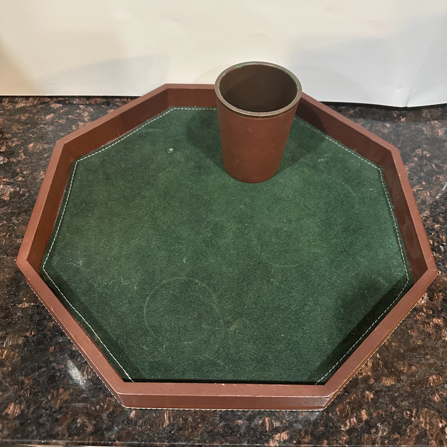 Vintage Octagon Dice Tray Green Felt Brown Leather Cup Holder Game Set Vintage Octagon Dice Tray Green Felt Brown Leather Cup Holder Game Set