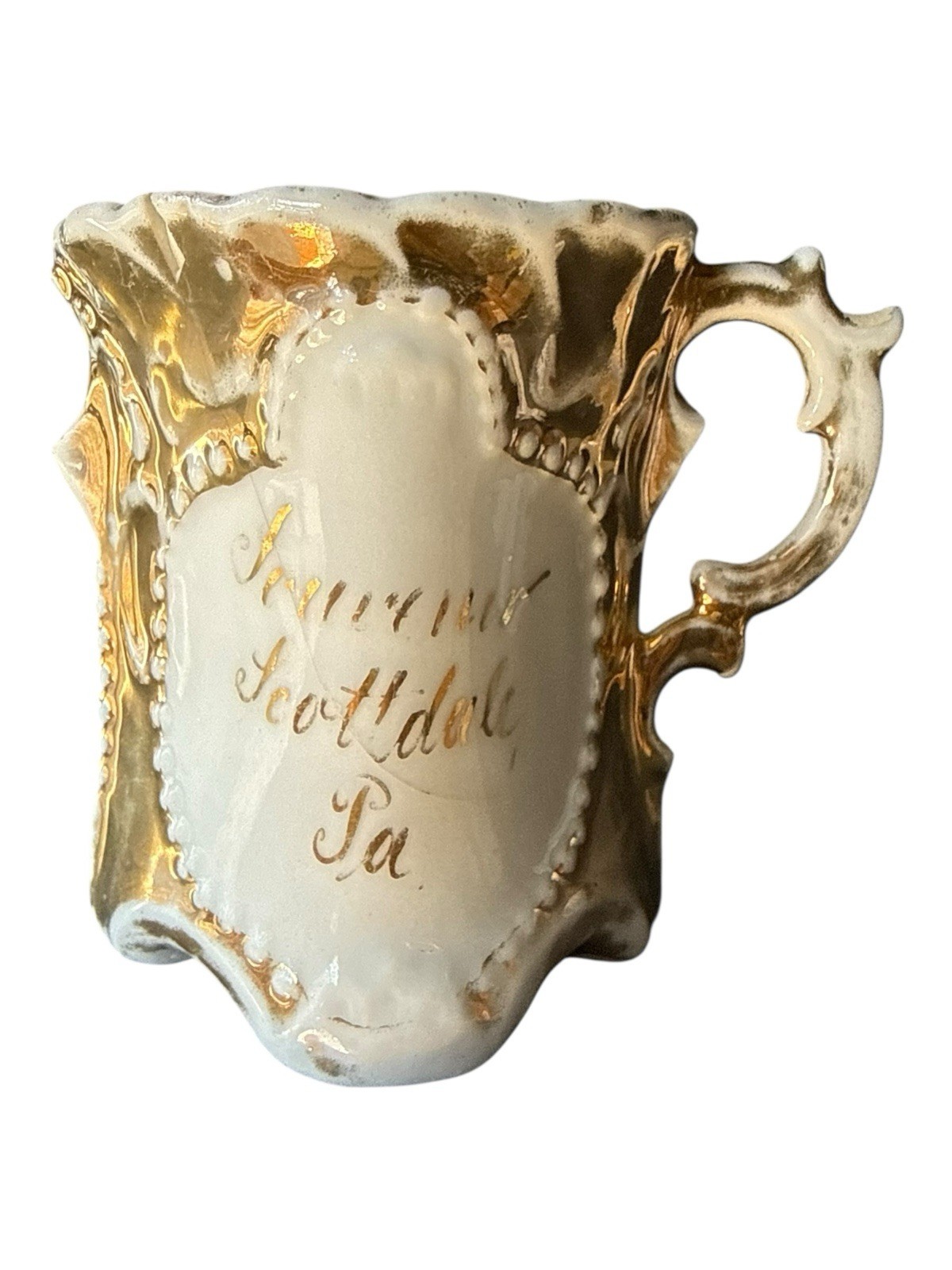 Antique Victorian Souvenir Shaving Mug “From Scotland, Pa” Gold Gilt