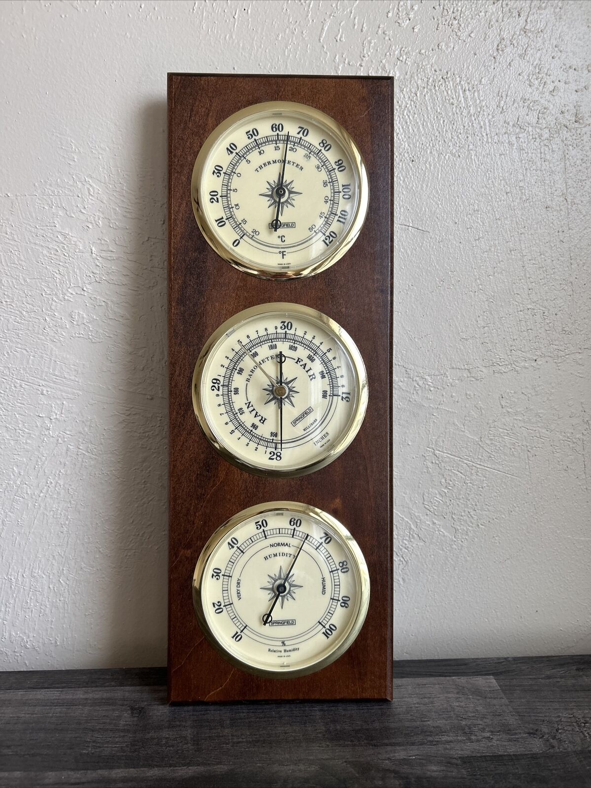 SPRINGFIELD Weather Station Thermometer Humidity Barometer On Wood